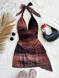 GETADME-2025 Europe and the United States Fashion Gauze Printed Neck Sleeveless Sexy Tight Deep V Short Sexy Pure Backless Dress