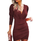 Getadme Women's Sexy Mini Dresses Spring Autumn V-Neck Long Sleeved Slim Dress Solid Color Pleated Party Dress Vestidos Cortos