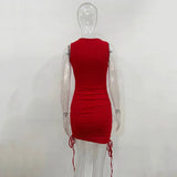 Getadme 섹시 레이스업 드로스트링 폴드 니트 슬림 바디콘 드레스 여성 민소매 솔리드 컬러 스키니 드레스 우아한 클럽 파티 베스디소