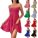 GETADME-보헤미안 비치 선드레스 여성 섹시 민소매 백리스 빅 스윙 미니 드레스 솔리드 스파게티 스트랩 러플 드레스 베스티도