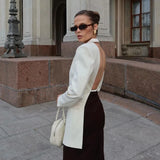 GETADME-Sexy Backless Blazers Coat Women White Lapel Hidden Buckle Long Sleeve Pocket Coats Female 2025 Summer Lady Outwear