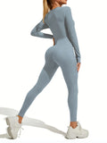 Getadme Fall new hot sale sexy bodysuit for women solid color ribbed long sleeve zipper bodycon sporty clothing rompers women's jumpsuit