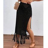 GETADME-Women Knitted Texture Sarong Skirts Sexy High Slit Tassel Cover-Up Beach Summer Vacation Wrapped Skirt Bikini Cover Up