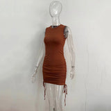 Getadme 섹시 레이스업 드로스트링 폴드 니트 슬림 바디콘 드레스 여성 민소매 솔리드 컬러 스키니 드레스 우아한 클럽 파티 베스디소