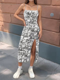 Getadme 2025 Women Floral Print Dress Sleeveless High Slit Bodycon Midi Sundress French Vintage Style for Beach Date Night Office Party