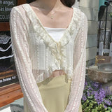 GETADME-Women Summer Sun Protection Coat Lace Bow Ruffle Cardigan Shirt Female Blouse Tops for Woman Covers Blusa White Y2K Korean Shirt