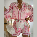 GETADME-시크한 프린트 여성용 반바지 정장 라플 싱글 브레스티드 풀슬리브 셔츠 신축성 허리 반바지 여성 세트 여름 아웃웨어