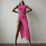 Getadme Y2k Sleeveless Orange Midi Women's Dresses Side Slit Turtleneck Setting Bodycon Sexy Party Elegant Dress 2025 Basic Vintage Robe