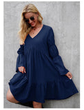 Getadme 여성 캐주얼 긴팔 드레스 V넥 루즈 플로잉 드레스 러플 인형 드레스 코튼 드레스 티셔츠 드레스