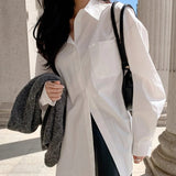 GETADME-Office Lady Elegant White Casual Loose Blouses Fashion New Cotton Long Sleeve Women Shirt Turndown Collar Tops
