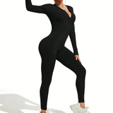 Getadme Fall new hot sale sexy bodysuit for women solid color ribbed long sleeve zipper bodycon sporty clothing rompers women's jumpsuit
