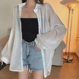 GETADME-Women Shirt Long Sleeve Top Blouse Female Chiffon Loose Summer Cardigan Thin Sexy Solid Color Casual Shirt Outerwear Прозрачная