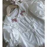 GETADME-일본식 귀여운 화이트 로리타 블라우스 여성 스위트 리본 러플 코튼 탑 여름 소녀 프레피 스타일 퍼프 반팔 귀여운 셔츠