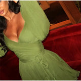 Women Sexy Chiffon Green Ruffles Split Dress V-neck Long Sleeve A Line Mini Dresses 2025 Female Holiday Beach Vacation Vestidos