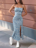 Getadme 2025 Women Floral Print Dress Sleeveless High Slit Bodycon Midi Sundress French Vintage Style for Beach Date Night Office Party