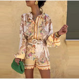 GETADME-시크한 프린트 여성용 반바지 정장 라플 싱글 브레스티드 풀슬리브 셔츠 신축성 허리 반바지 여성 세트 여름 아웃웨어