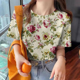 Women's Flower T-shirt Fashion Crew Neck Clothing Casual Comfort Short Sleeved Summer Loose Breathable Top Women's T-shirt