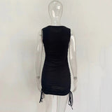 Getadme 섹시 레이스업 드로스트링 폴드 니트 슬림 바디콘 드레스 여성 민소매 솔리드 컬러 스키니 드레스 우아한 클럽 파티 베스디소