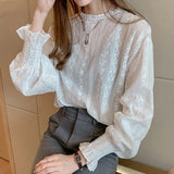 Getadme Dingaozlz Vintage style lace shirt Flare sleeve Hollow out White blouse Casual clothing New fashion Women lace Tops Blusa