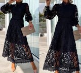 패션 스탠드 칼라 레이스 드레스 프렌치 퍼프 롱 슬리브 타이트 드레스 홀로우 아웃 우아한 베스디소드 캐주얼 파티 생일 스커트 