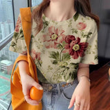 Women's Flower T-shirt Fashion Crew Neck Clothing Casual Comfort Short Sleeved Summer Loose Breathable Top Women's T-shirt