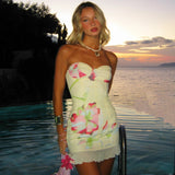 GETADME-Hugcitar 플로럴 프린트 러플 스트랩리스 우아하고 섹시하며 슬림한 귀여운 미니 드레스 여름 여성 패션 의상 해변 축제 생일