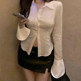 GETADME-Sexy Slim Flared Sleeve Women's Shirt Solid Lapel Single-breasted Back Bandage Tunic Female Blouses Spring Trend New Lady