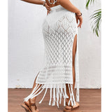 GETADME-Women Knitted Texture Sarong Skirts Sexy High Slit Tassel Cover-Up Beach Summer Vacation Wrapped Skirt Bikini Cover Up