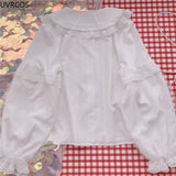 GETADME-로리타 셔츠 화이트 우아한 여성 프레피 스타일 블라우스 귀여운 피터팬 칼라 레이스 러플 JK 셔츠 여아 ​​긴팔 블라우스 무제