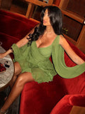 Women Sexy Chiffon Green Ruffles Split Dress V-neck Long Sleeve A Line Mini Dresses 2025 Female Holiday Beach Vacation Vestidos