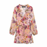 TRAF Womens Dresses Flower Print Elegant Short Dress Spring 2025 New Ruffles Mini Dress Women Long Sleeve Evening Party Dresses