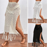 GETADME-Women Knitted Texture Sarong Skirts Sexy High Slit Tassel Cover-Up Beach Summer Vacation Wrapped Skirt Bikini Cover Up