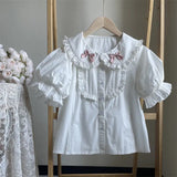 GETADME-일본식 귀여운 화이트 로리타 블라우스 여성 스위트 리본 러플 코튼 탑 여름 소녀 프레피 스타일 퍼프 반팔 귀여운 셔츠