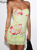 GETADME-Hugcitar 플로럴 프린트 러플 스트랩리스 우아하고 섹시하며 슬림한 귀여운 미니 드레스 여름 여성 패션 의상 해변 축제 생일