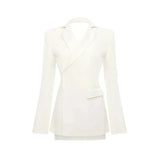 GETADME-Sexy Backless Blazers Coat Women White Lapel Hidden Buckle Long Sleeve Pocket Coats Female 2025 Summer Lady Outwear