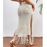 GETADME-Women Knitted Texture Sarong Skirts Sexy High Slit Tassel Cover-Up Beach Summer Vacation Wrapped Skirt Bikini Cover Up
