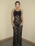 GETADME-Dulzura See Through Ruffled Patchwork Lace Cami Maxi Dress Sleeveless Sexy Long Dress Party Club  Autumn Y2K
