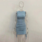 Getadme 섹시 레이스업 드로스트링 폴드 니트 슬림 바디콘 드레스 여성 민소매 솔리드 컬러 스키니 드레스 우아한 클럽 파티 베스디소