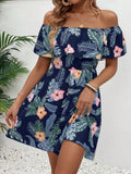 GETADME-우아한 패션 여성 드레스 라인 넥 반팔 러플 전신 프린트 러플 캐주얼