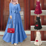 국경을 넘나드는 무슬림 솔리드 컬러 라운드넥 긴팔 벨트 카프탄 스타일 캐주얼 에스닉 웨어 패셔너블 드레스 