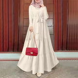 Cross-Border Muslim Solid Color Round Neck Long Sleeve Fashionable Dress With Belt Kaftan Style Casual Ethnic Wear
