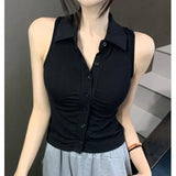 GETADME-Women's Short Sleeveless Polo Collar Slim Fit Shirt V-neck Hong Kong Style Outerwear Summer Wear Folded Collar Single Button