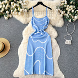 여성 니트 쉬스 선드레스 민소매 핫스윗 프린트 백리스 슬림 드레스 패션 신축성 비치 롱 드레스 