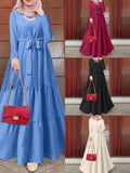 Cross-Border Muslim Solid Color Round Neck Long Sleeve Fashionable Dress With Belt Kaftan Style Casual Ethnic Wear