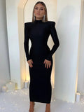 Hugcitar Solid Long Sleeve With Shoulder Pads Turtleneck Maxi Dress 2024 New Year Women Fashion Streetwear Elegant Skinny