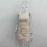 Getadme 섹시 레이스업 드로스트링 폴드 니트 슬림 바디콘 드레스 여성 민소매 솔리드 컬러 스키니 드레스 우아한 클럽 파티 베스디소