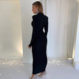 Hugcitar Solid Long Sleeve With Shoulder Pads Turtleneck Maxi Dress 2024 New Year Women Fashion Streetwear Elegant Skinny