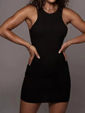 GETADME-여성용 블랙 리브 바디콘 미니 드레스 섹시 민소매 조끼 클럽 파티 타이트 핏 솔리드 컬러 여름 드레스