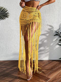 GETADME-크로셰 태슬 비키니 커버업 드레스 비치웨어 여성 타이업 수영복 태슬 롱 스커트 수영복 커버업 비치 드레스