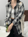 GETADME-Casual Long Sleeves Autumn Blouse Korean Mid Length Loose Women Winter Plaid Shirt Female Fashion Turn Down Collar Tops